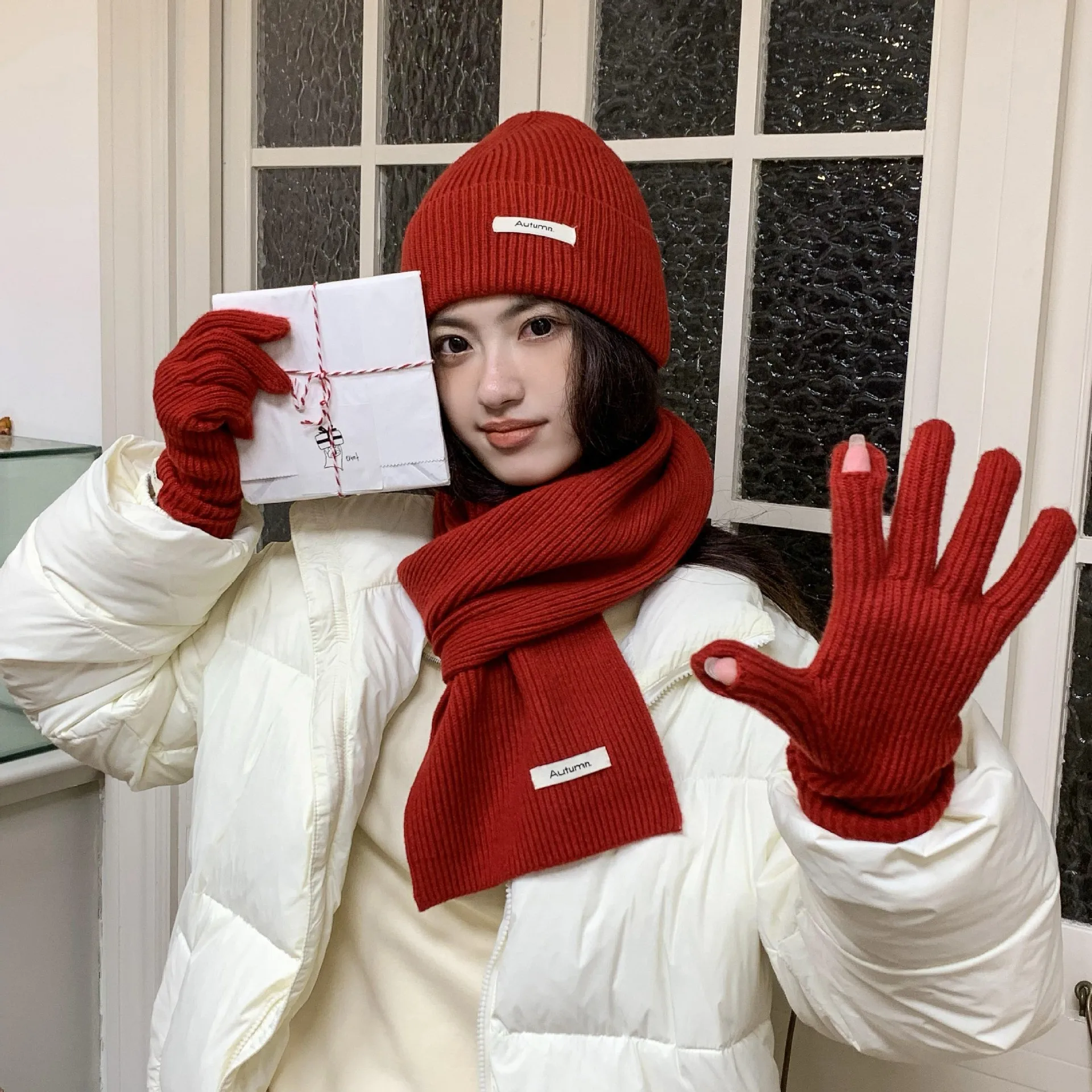 Korean Three-piece Set Scarves Gloves Women Autumn Winter Warm Knitted Hat Touch Screen Gloves Solid Color Women's Glove Sets