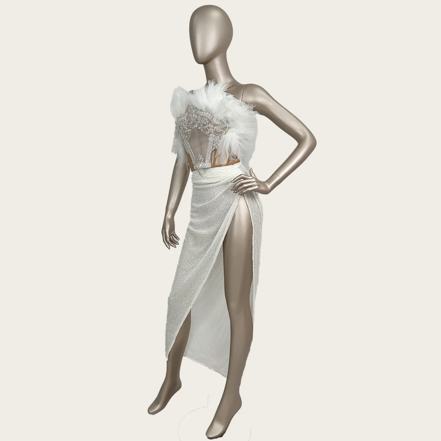 

Bailian Sparkly Sequins Crop Tops Long Skirt 2Pieces Set Birthday Celebrate Party Photo Shoot Wear White Fashion Sexy Women Wear