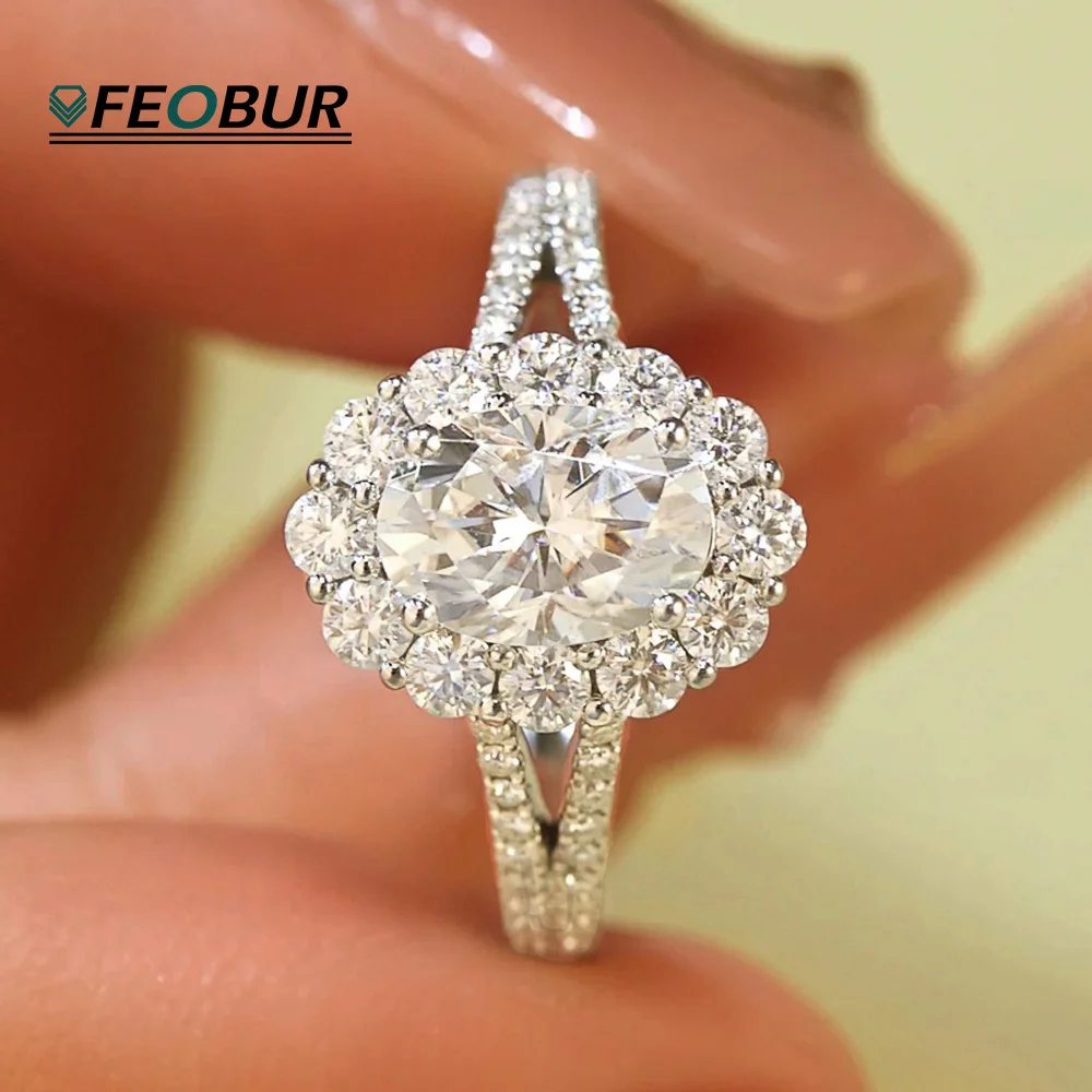 

FEOBUR 2 карата овальные кольца с муассанитом из стерлингового серебра 925 пробы для женщин Роскошные лабораторные обручальные кольца с бриллиантами Halo Сертификат ювелирных изделий