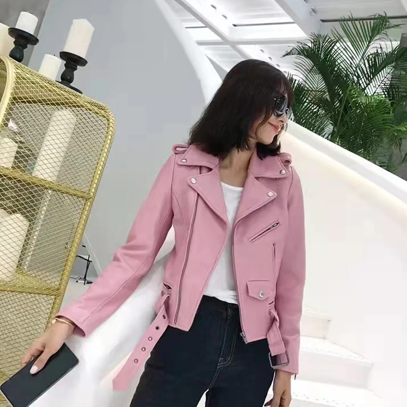 Abrigo de piel auténtica para mujer, de longitud corta con cuello vuelto chaqueta de cuero, estilo locomotor, novedad de primavera y otoño de 2023