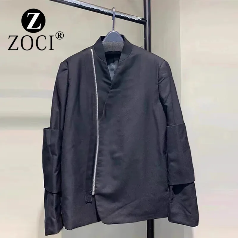 [ZOCI] New Irregular Zipper Stand Up Collar Design Early Black Windbreaker Jacket, Assault Jacket Clip, Trendy