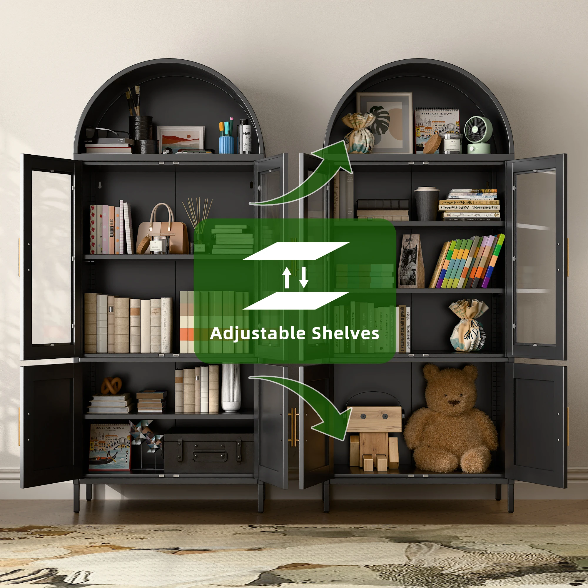 73-дюймовый арочный кухонный шкаф для хранения кладовой с дверцами/полками, черный арочный книжный шкаф, витрина для домашнего офиса, бара, жизни