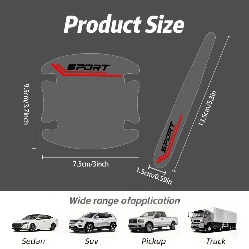 8Pcs/Set Red Accent SPORT Clear Door Cup & Handle Stickers, Waterproof Anti-Scratch PVC Car Decals