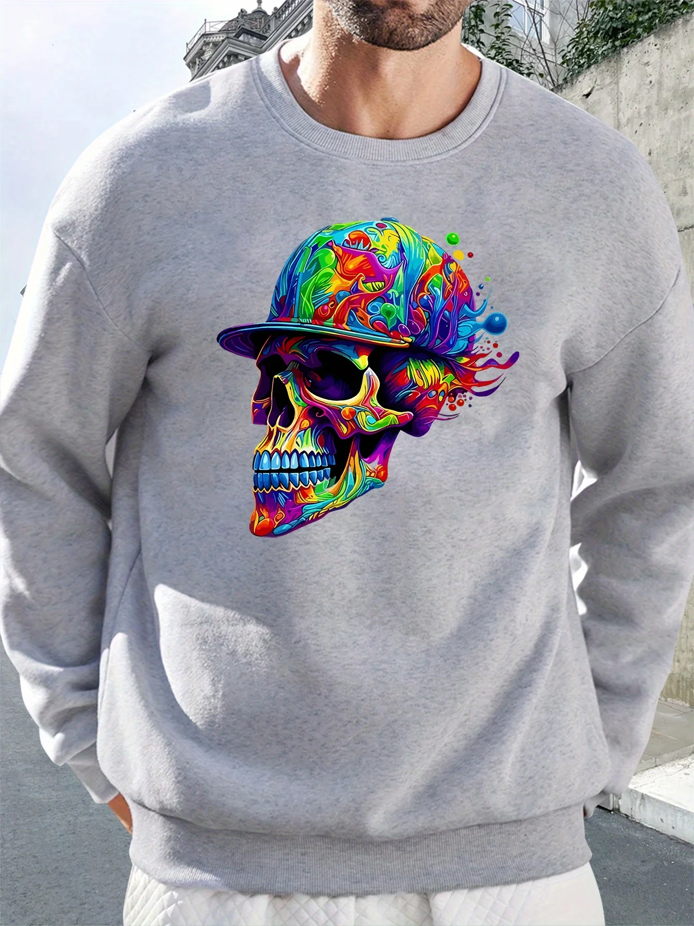 

Мужская толстовка с круглым вырезом с ярким черепом — повседневная, с длинным рукавом, свободный крой, идеально подходит для весны, осени и зимы