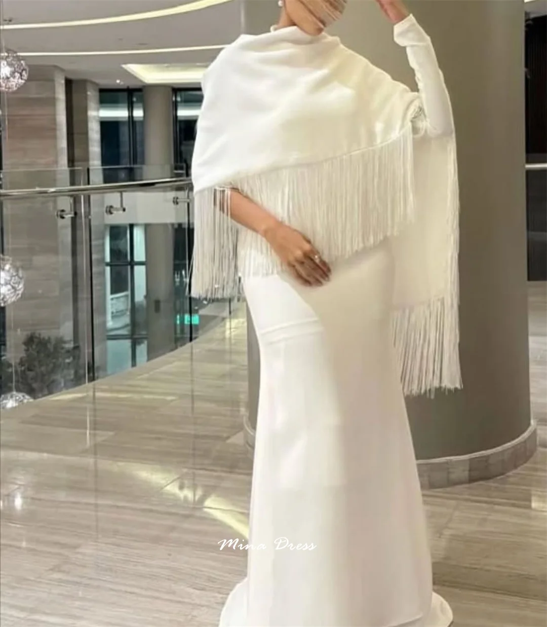 Mina Customized White Arabic Evening Dress Luxury Elegant Party Dresses Woman One Shoulder Long Sleeve Slant Collar Shawl Prom