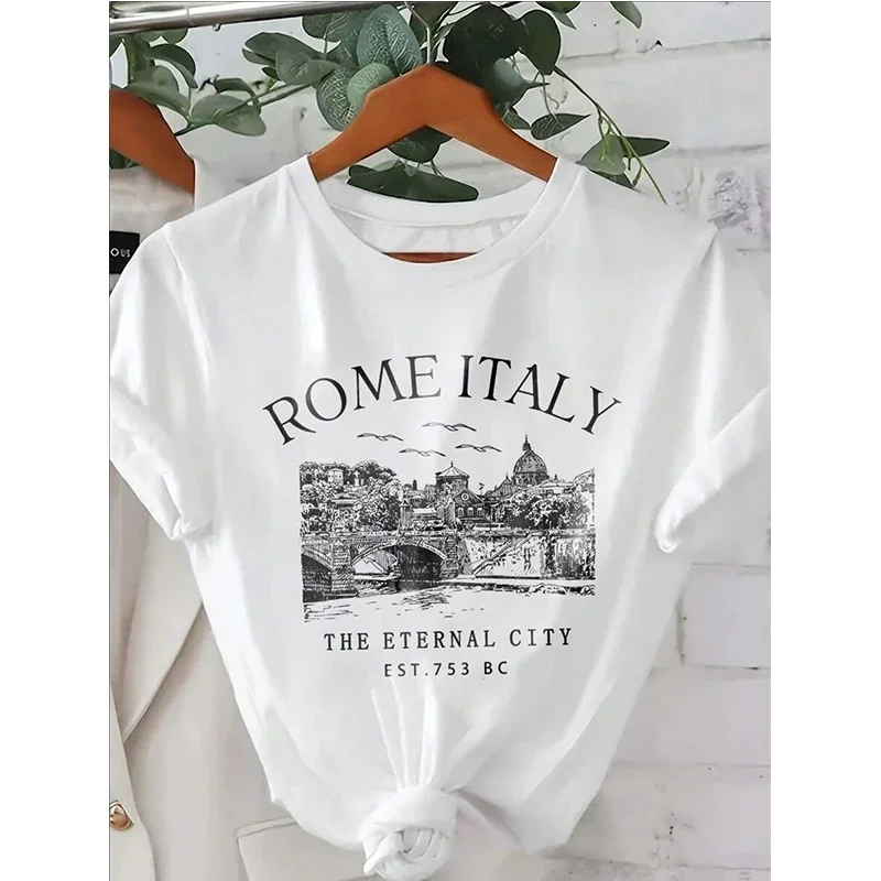 Rom Italien Skyline Damen Casual Rundhals Kurzarm T-Shirt Y2k Tees Tops Damen Sommer T-Shirt Grafik Gothic T-Shirt