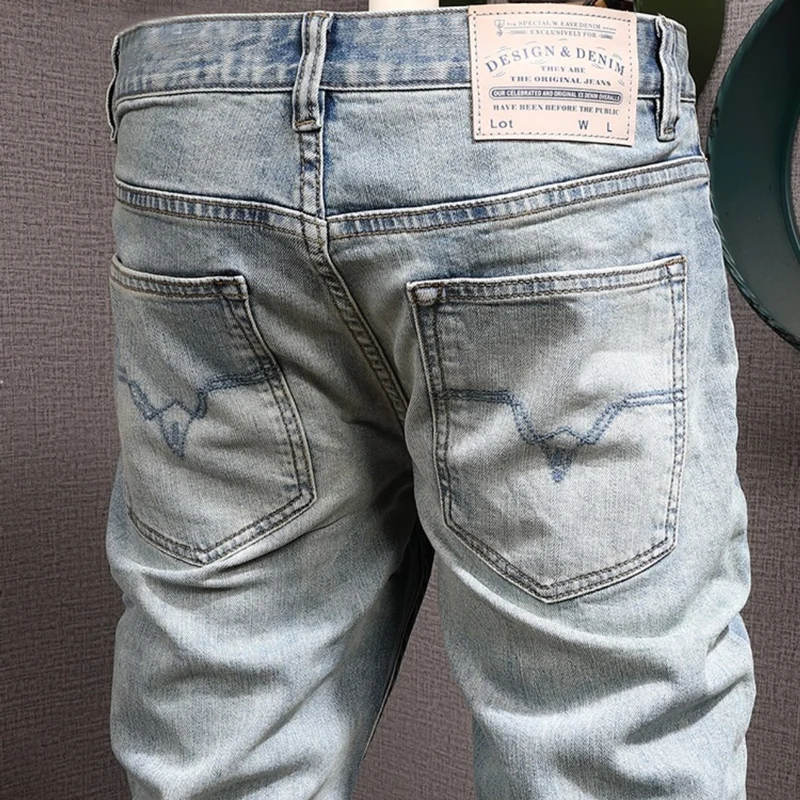 Italian Fashion Men Jeans Retro Light Blue Elastic Slim Ripped Jeans Men Stretch Trousers Vintage Designer Denim Pants Hombre
