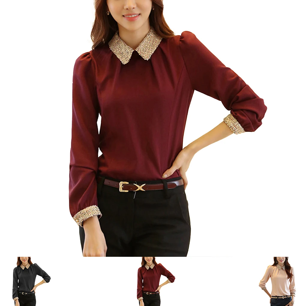 دمية طوق قميص بلوزة شيفون سليم صالح كم طويل OL قميص طية صدر السترة البلوز قميص بلايز البلوز