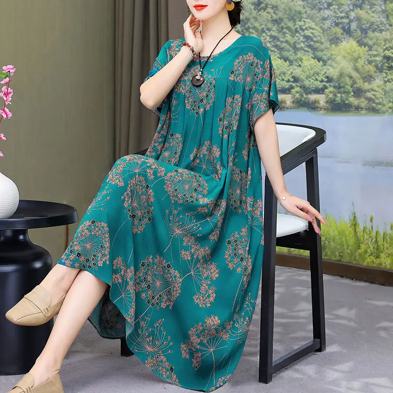 Female Clothing Casual O-Neck Midi Dress Loose Straight Summer Short Sleeve Vintage Broken Flowers Fashion Folds Commute Dresses