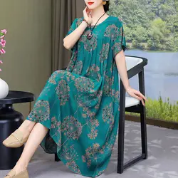 Female Clothing Casual O-Neck Midi Dress Loose Straight Summer Short Sleeve Vintage Broken Flowers Fashion Folds Commute Dresses