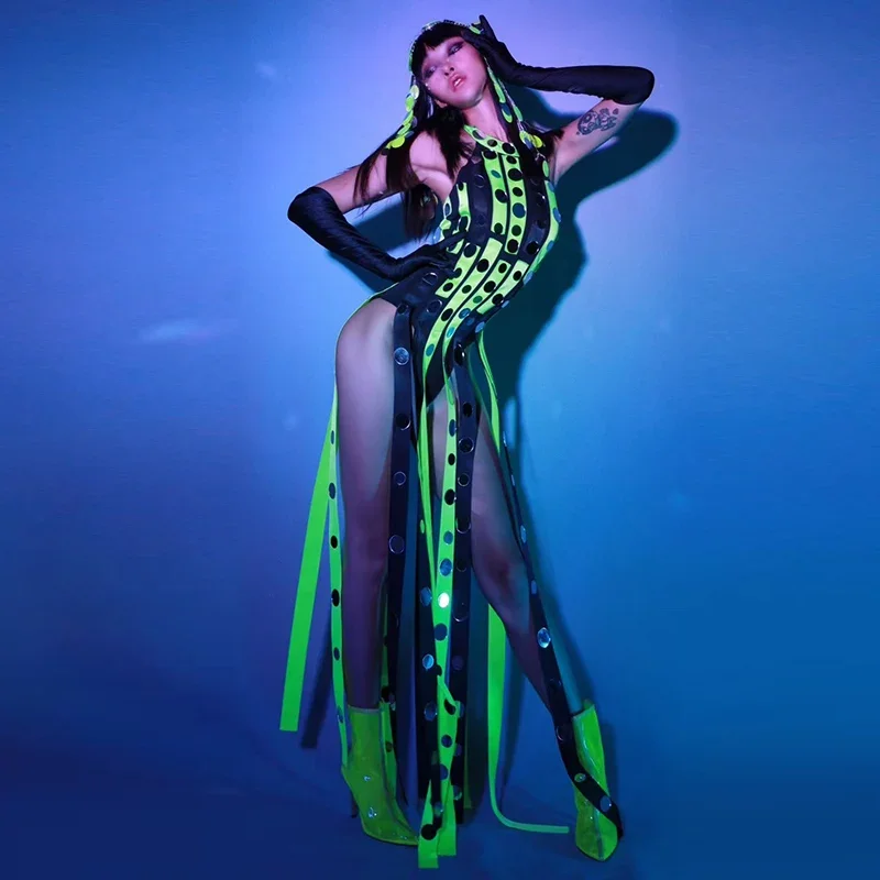 Fluorescerende Groene Kwastje Jumpsuit Zanger Danser Podium Kostuum Jazz Gogo Danskleding Feest Rave Outfit