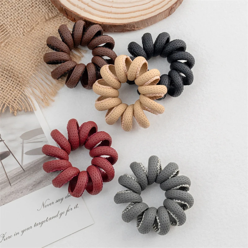 PU Leather Spiral Hair Tie Solid Color Telephone Cord Scrunchies Large Size Elastic Hair Band Women Hair Accessories Rubber Band