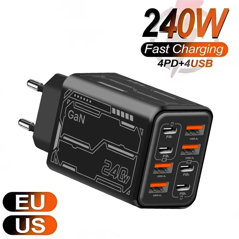 Image of 240W GaN USB-C Ladegerät 8-in-1 Schnelllade-Handy-Ladegerät Netzadapter für iPhone Samsung Xiaomi Typ C EU/US-Stecker Wandladegerät