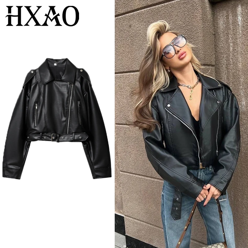 

HXAO Women's Jacket Long Sleeve Black Cropped Leather Jacket Autumn Tops For Woman Short Coat Women's Moto Biker Zipper Jacket