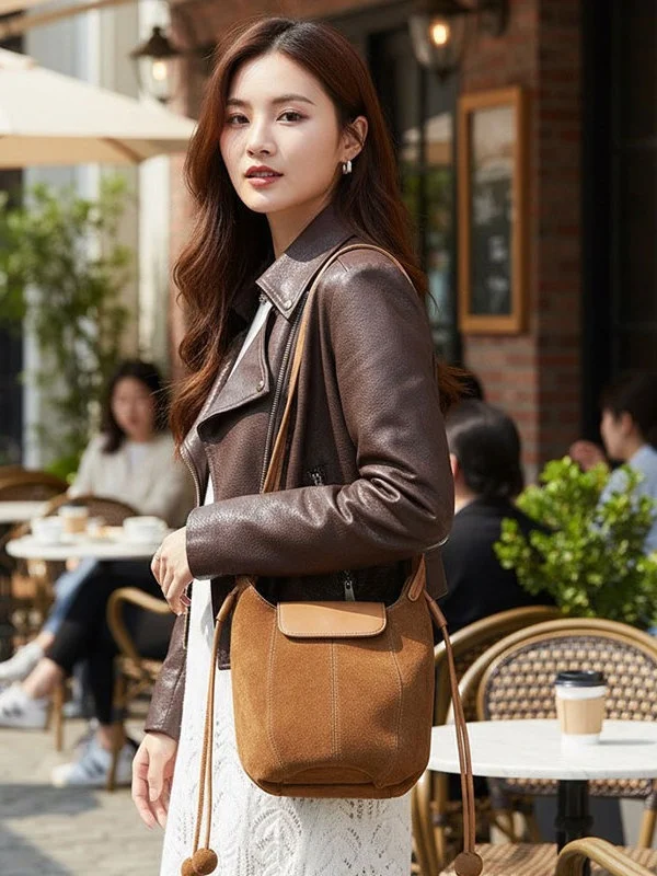 

Ретро-сумка-ведро из замши и матовой кожи, женская сумка через плечо, корейская повседневная сумка OazAO Brand