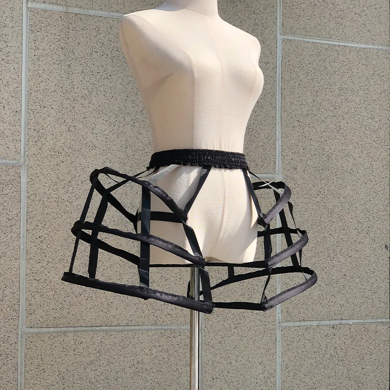 لوليتا روكوكو قصيرة أبيض وأسود الجوف قفص الطيور تنورة دعم ثلاث دوائر مزدوجة الوجهين الشريط الداخلية بطانة تنورة