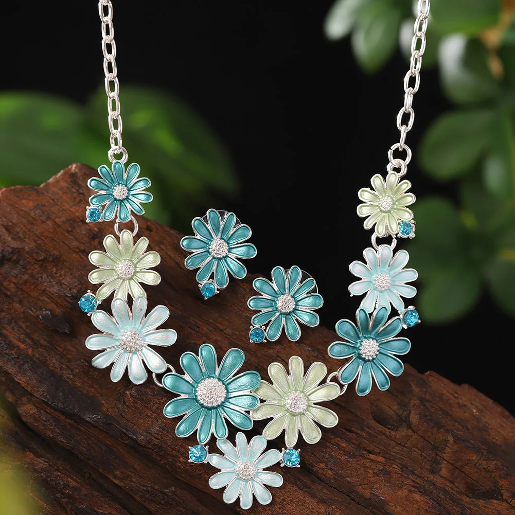 Women's Multi Color Daisy Enamel Necklace Earring Set