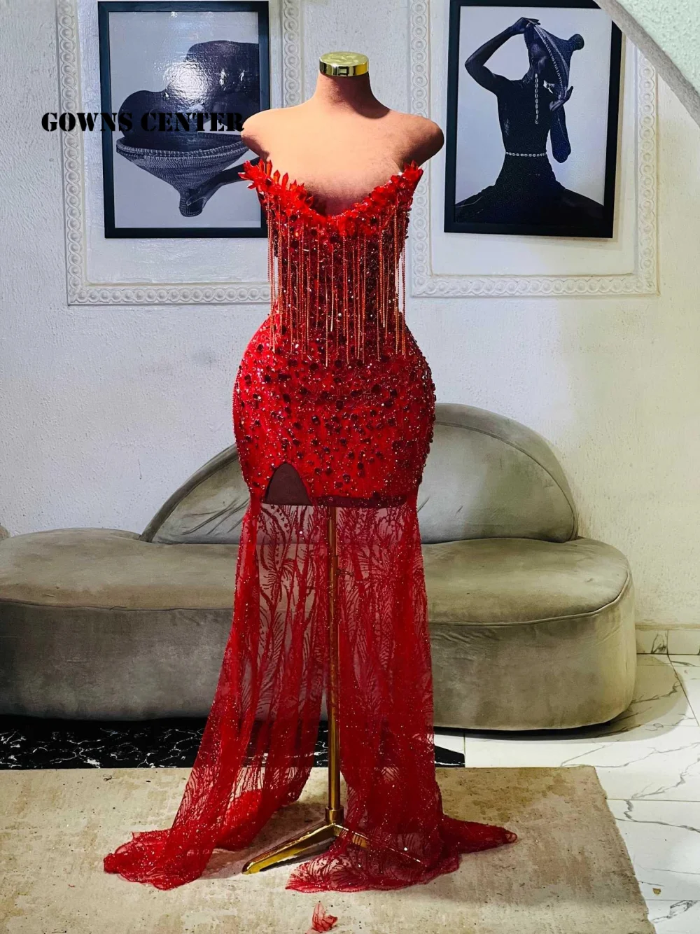 

Exquisite Red Stones Cristmas Mermaid Aso Ebi Evening Dress Beaded African Wedding Party Gowns Split robes de soirée Customized