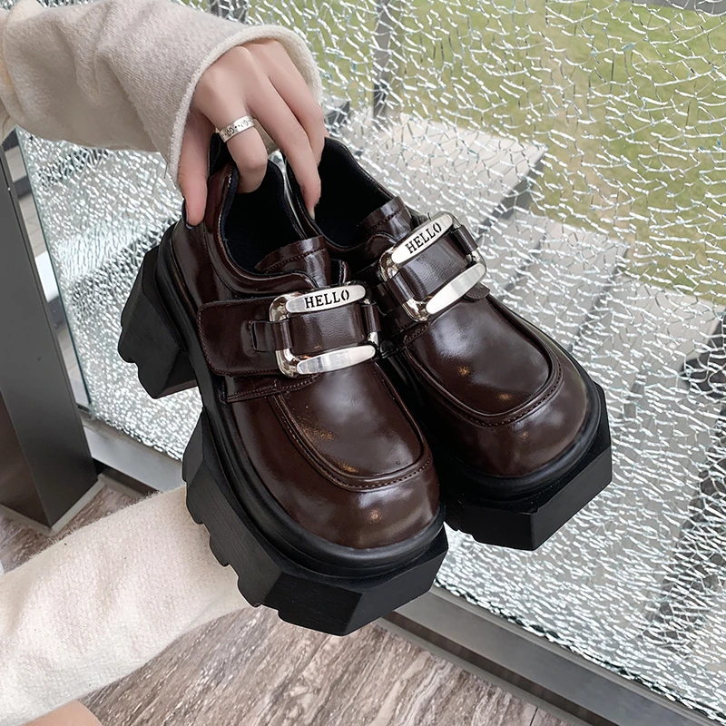 9 سنتيمتر منصة المتسكعون للمرأة مصمم الأزياء سميكة وحيد حذاء كاجوال للنساء حزام مريح مشبك جلد ماري جين عالية الكعب