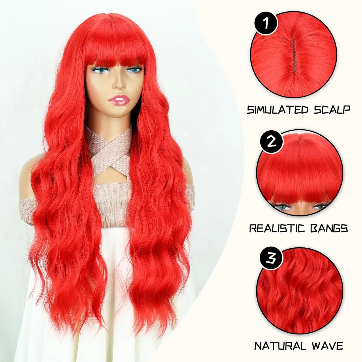 Synthetic Long Red Wigs with Bangs for Women Wavy Hair Wigs Heat Resistant Fiber Wigs for Daily Party Use 26 Inches