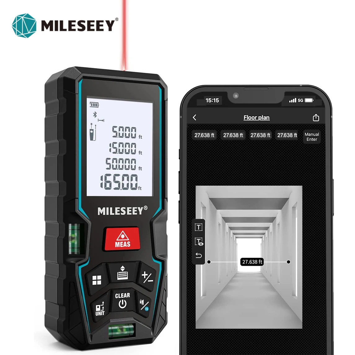 MILESEEY High Precision Laser tape measure D5T Bluetooth Laser Distance Meter 50M Laser Trena, APP Real-time data transfer