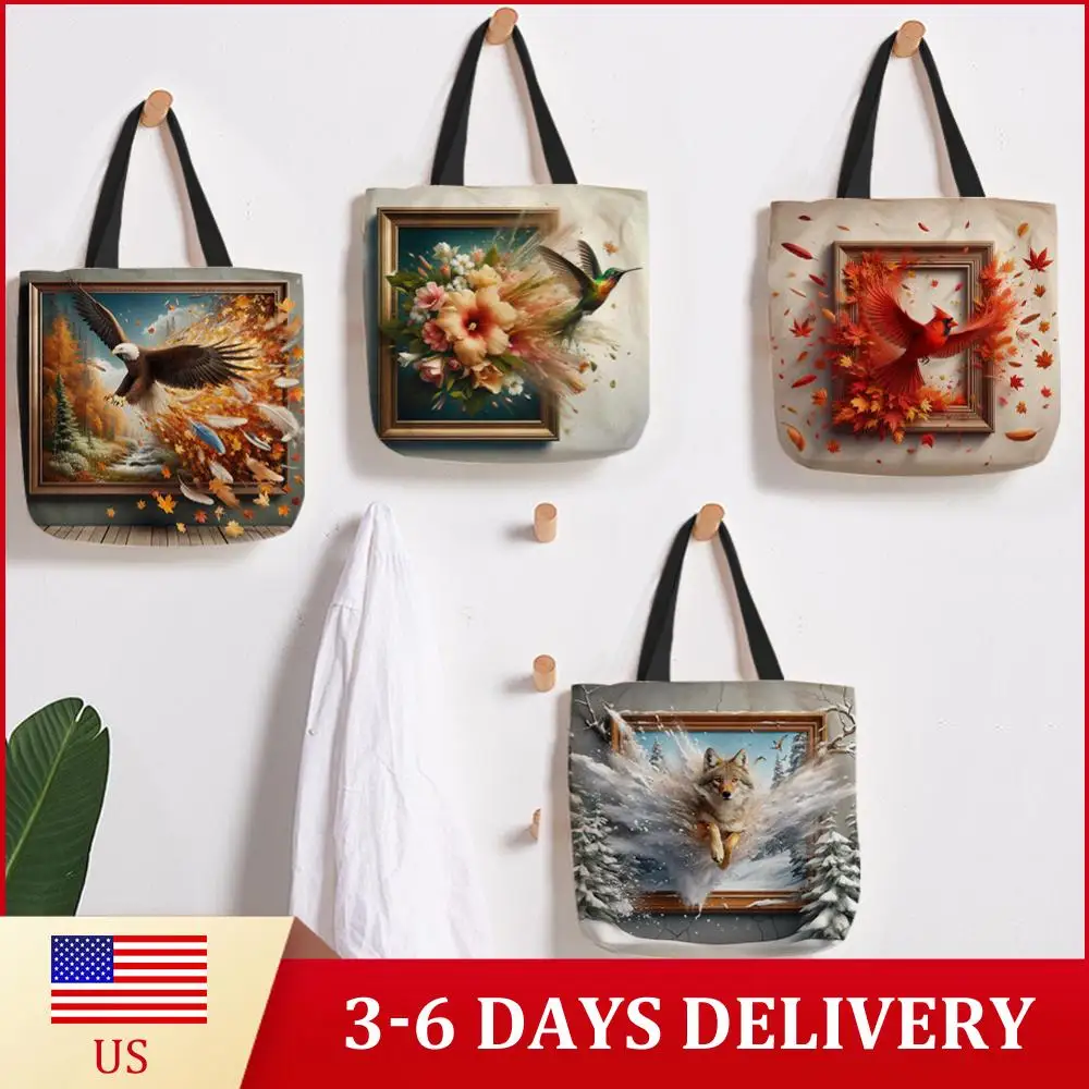 

Набор из 4 льняных сумок-тоут с изображением птиц, вместительные женские сумки через плечо для шопинга