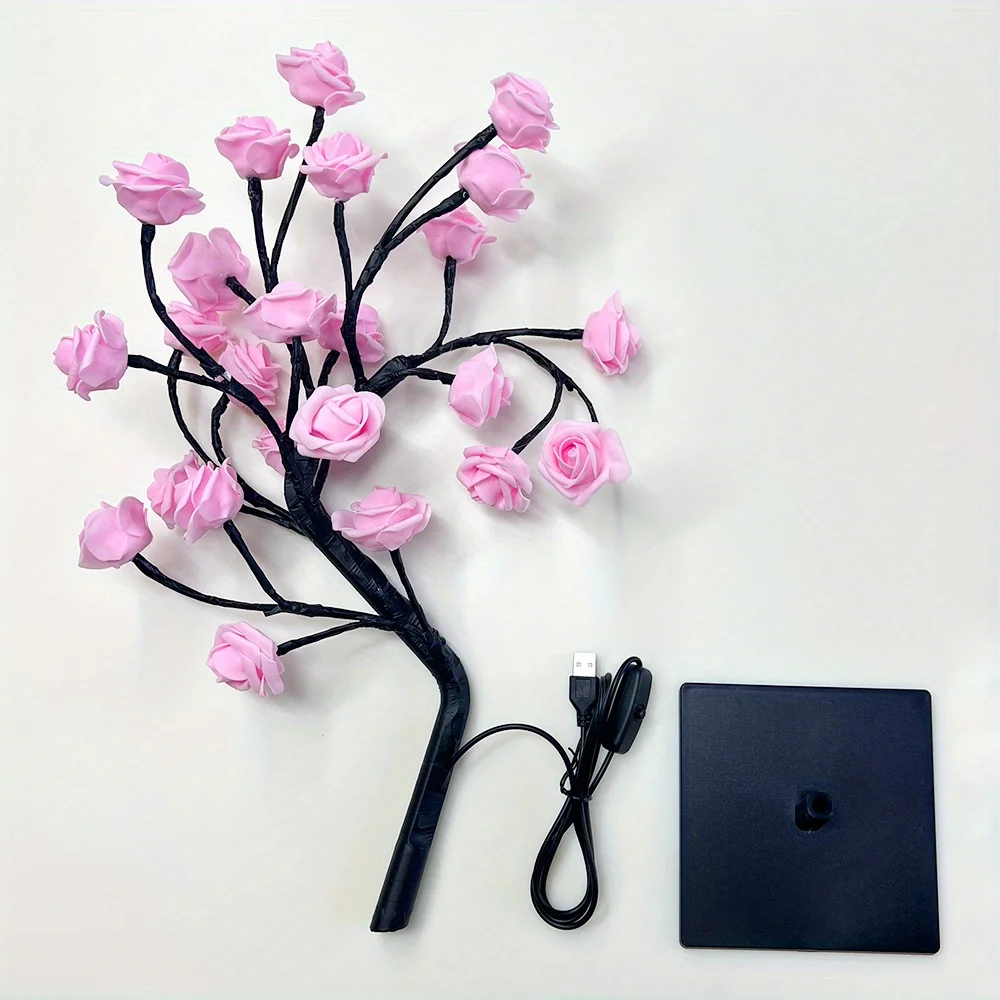 Enchanting Rose Tree USB Lamp - Adjustable LED Night Light w/ Detachable Base & Warm White Glow for Home/Office Decor