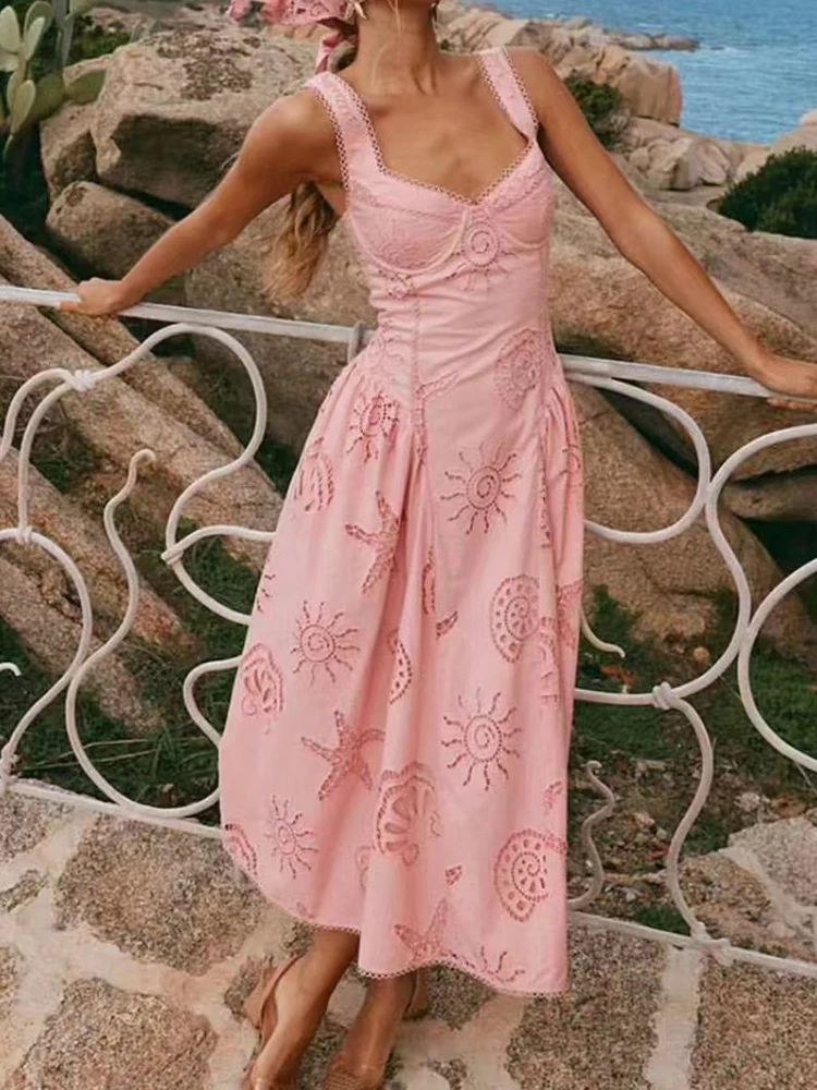 

Holiday style sexy hollow hook design high waist and large suspender dress 2025 summer women's new waist-shrinking slim dress