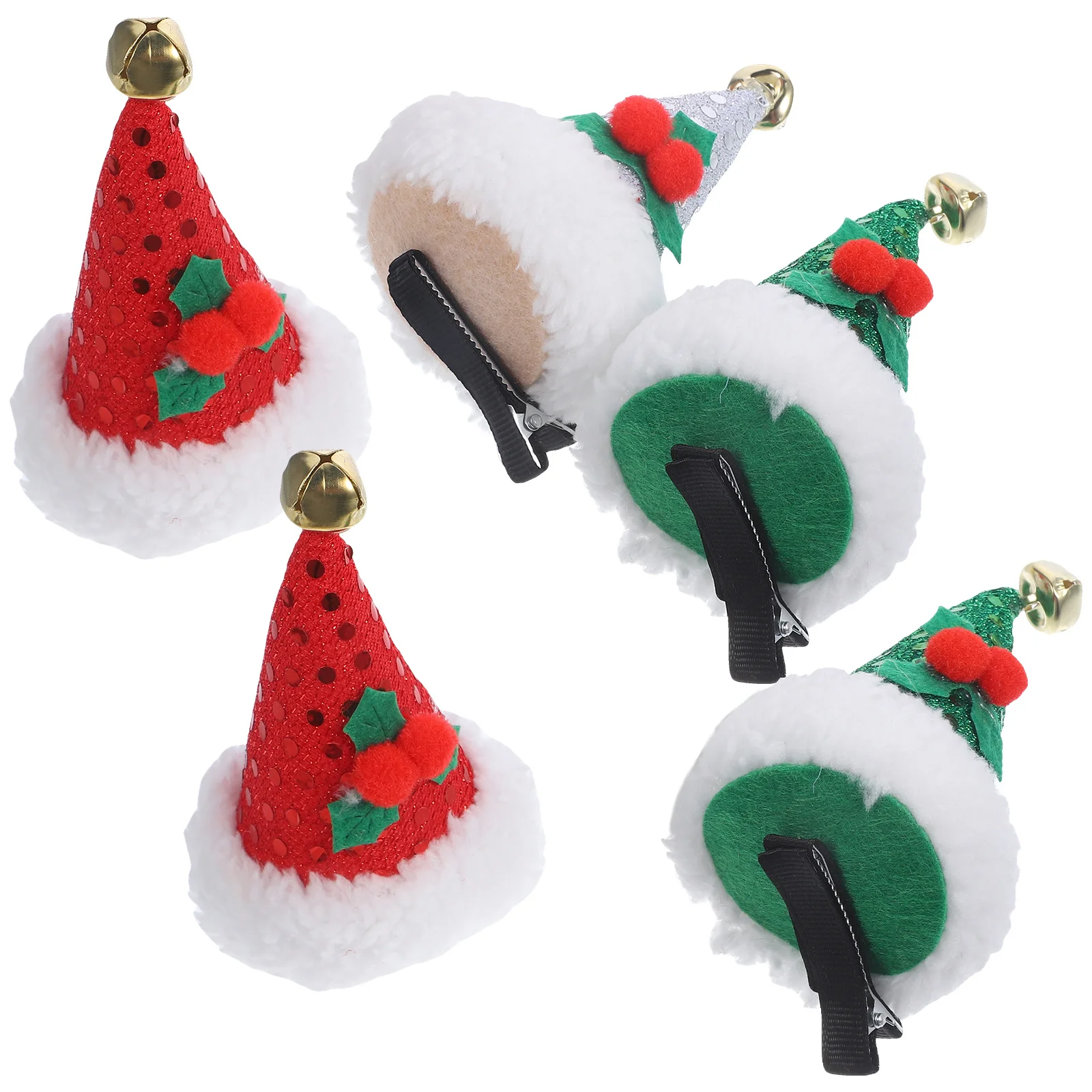 

5pcs Christmas Hat Shaped Sequin Hair Clips Green Red Silver Xmas Decorative Barrettes For Girls Holiday Party Hair Accessories