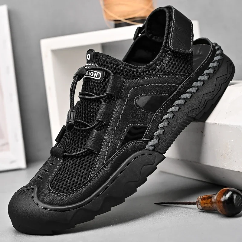 Summer Handmade Cowhide Leather Men Sandals Hiking Breathable Outdoor Casual Lightweight Beach Sandals Fashion Large Size 38-46