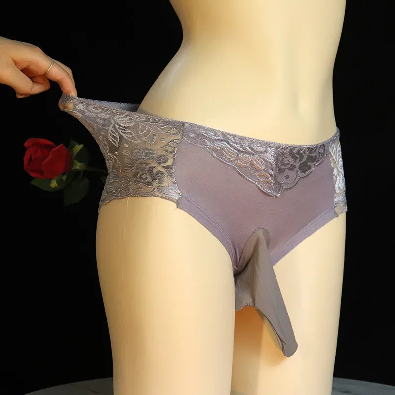 M-3XL Large Size Sissy Pouch Panties Men Lace See Through Crossdressing Briefs Bullet Separation Underpant Gay Erotic Brief