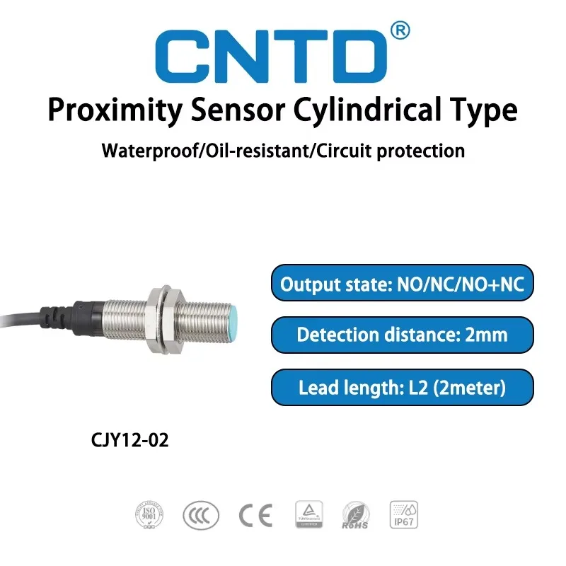 CNTD CJY12E-02 Inductive Proximity Sensor M12 Shielded Flush Type 2mm NPN PNP NO NC DC 10-30VDC IP67 Waterproof Switch 1.5m 2M