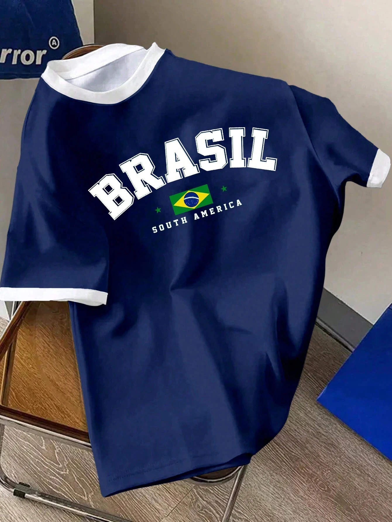 

Casual Minimalist Brazil Graphic Contrast Trim Round Neck Short Sleeve Loose Oversized Sportswear T-shirt Women Summer Top