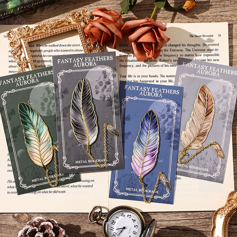 Vintage Aurora Feather Metal Bookmark, Brass Book Page Marker with Tassel Chain, Bookmarks Gift for Book Lovers Reading Supplies