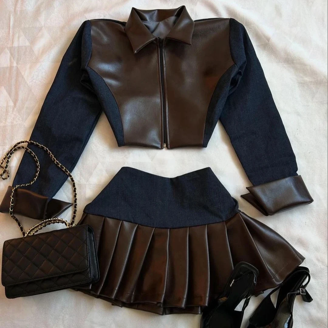 Y2K Two Piece Sets Womens Outfits Harajuku Lapel Zipper Jacket Gothic Sexy Pleated Skirt Fashion Black Brown Splicing Skirt Suit