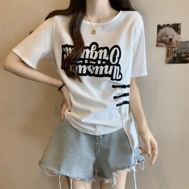 Women Summer Simplicity Loose Fashion Buttons O-neck Short Sleeve T-Shirt Women Clothes Casual All-match Appear Thin Trend Tops