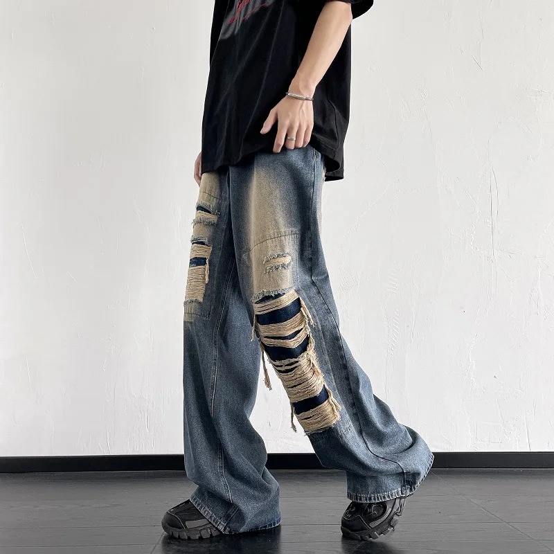 Distressed Ripped Men กางเกงยีนส์ขากว้าง Jean ล้าง Bleached Zipper Fly หลวมวินเทจสูงเอวความยาวเต็มกระเป๋า