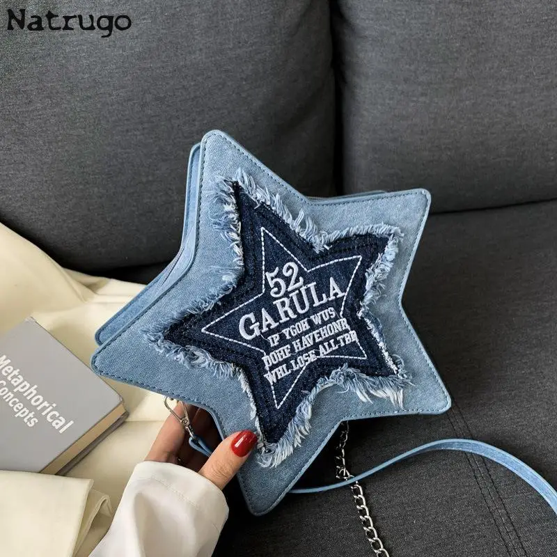 Denim Blue Five-pointed Star Backpack Women's 2023 New Fashion Chic Design Novel Embroidered Letters Tassel Y2K Crossbody Bag