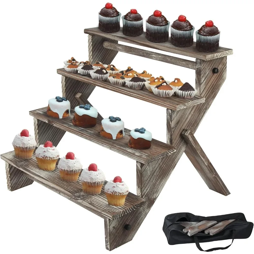 

Rustic wooden display stand, 4 tier cake stand staircase, portable display stand, included storage bag, decorative dessert stand