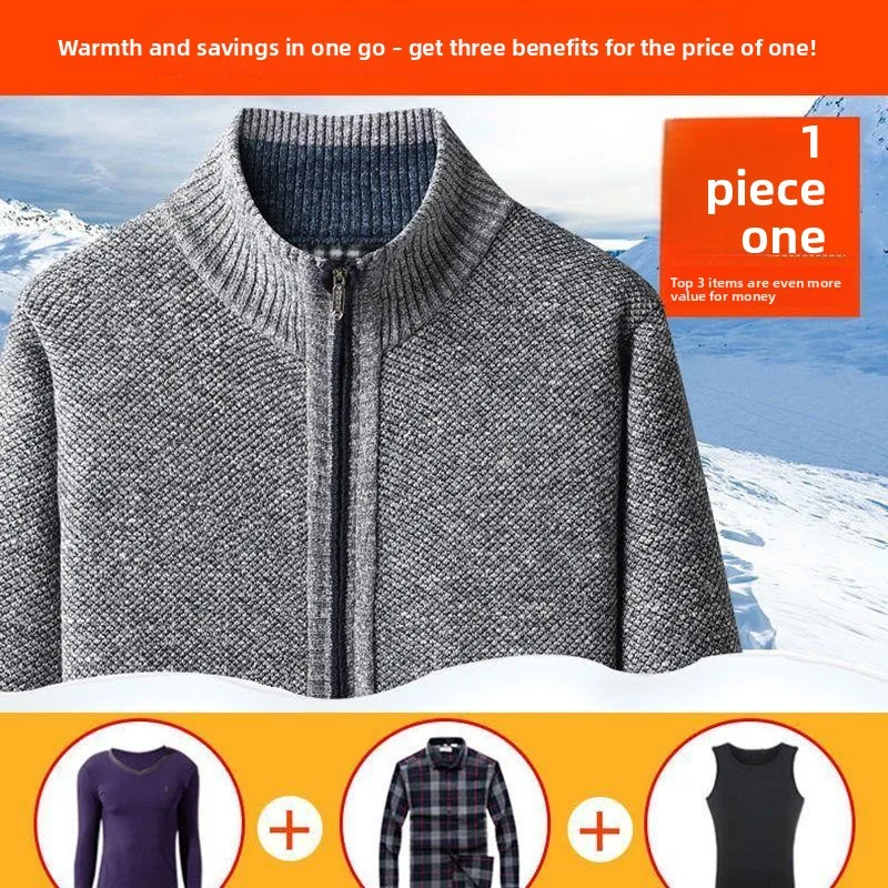 Thiened Fce Men's Sweater Coat Dad Winter Warm Top Middle-aged And ly Men's Sweater Outerwear Long Sve Stand Collar