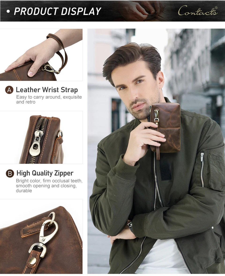CONTACT'S Vintage Herren Clutch Bag RFID Echtes Leder Clutch Wallet Bag Casual Lange Geldbörse Große Kapazität Reisehandtasche Männlich – Detail 16