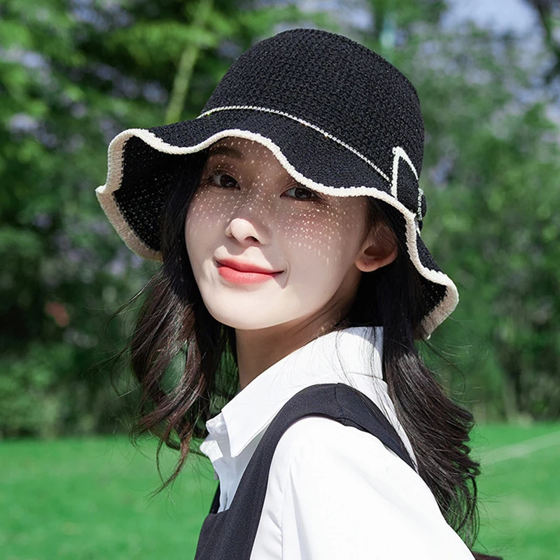 الصيف قبعة بحافة Bowknot واسعة متموجة حافة قبعة واقية من الشمس في الهواء الطلق قبعة الشاطئ السياحة في الهواء الطلق ظلة الشمس حماية صياد قبعة