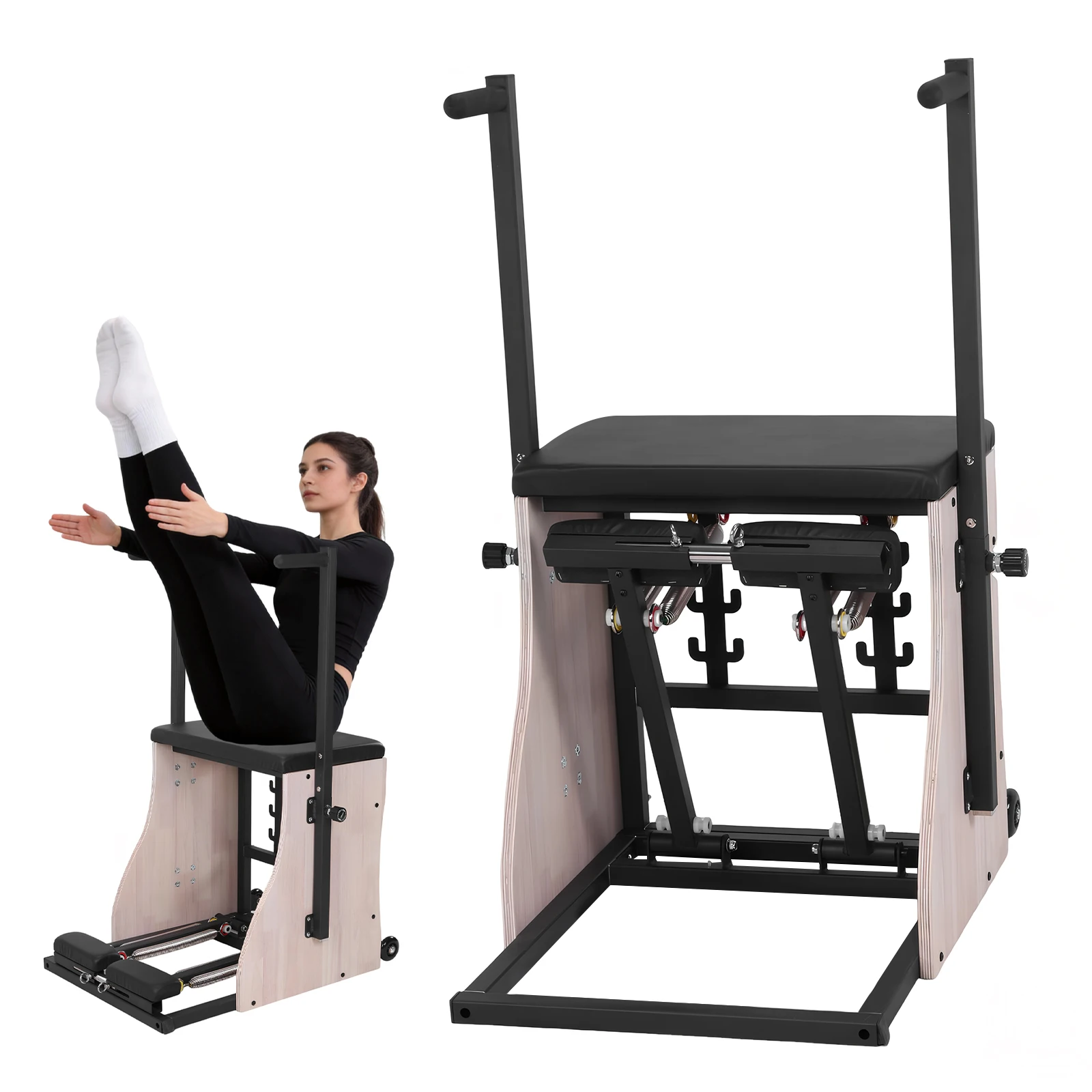 

Стул для пилатеса из дубового дерева с регулируемым сопротивлением, стабилизирующий стул для пилатеса с пружинами и раздельными педалями для домашних тренировок