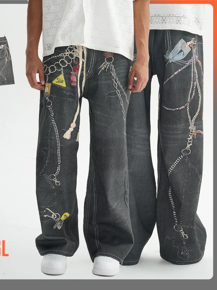 

Mens Jeans Punk Streetwear Black Heavy Cotton Denim Pants 3D Print Chain Badge Graffiti Design Vintage Washed Loose Cool Fashion