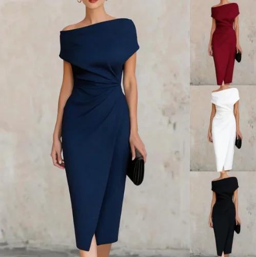 

Women's Dress 2026 Spring Summer New Solid Color Off Shoulder Short Sleeve Cinched Waist Ruched Commuting Slit Midi Dress