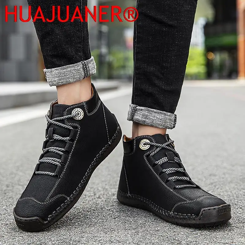 Bota de couro genuíno masculina, com renda com pele, quente, confortável, sapatos casuais masculinos, outono, inverno, tamanho grande, 38-48, novo