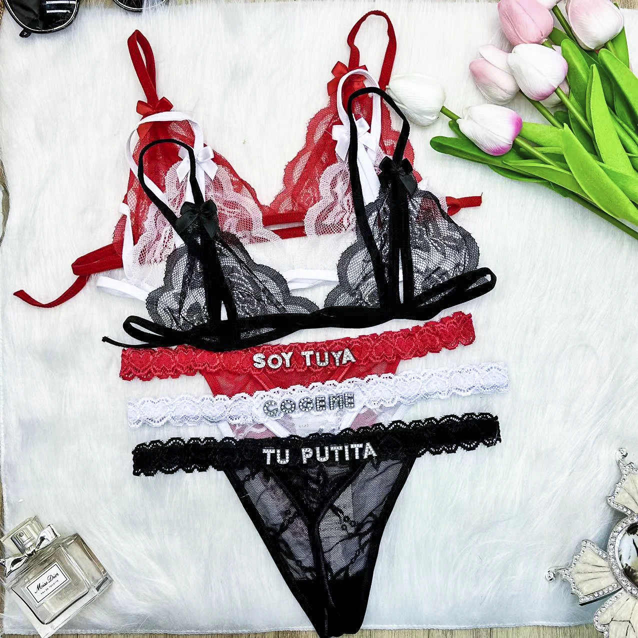 

Sexy Custom Thongs Lingerie Set Lace Thong With Name Triangle Bra Set Bikinis Sets For Women G-string Personality Letters Thongs