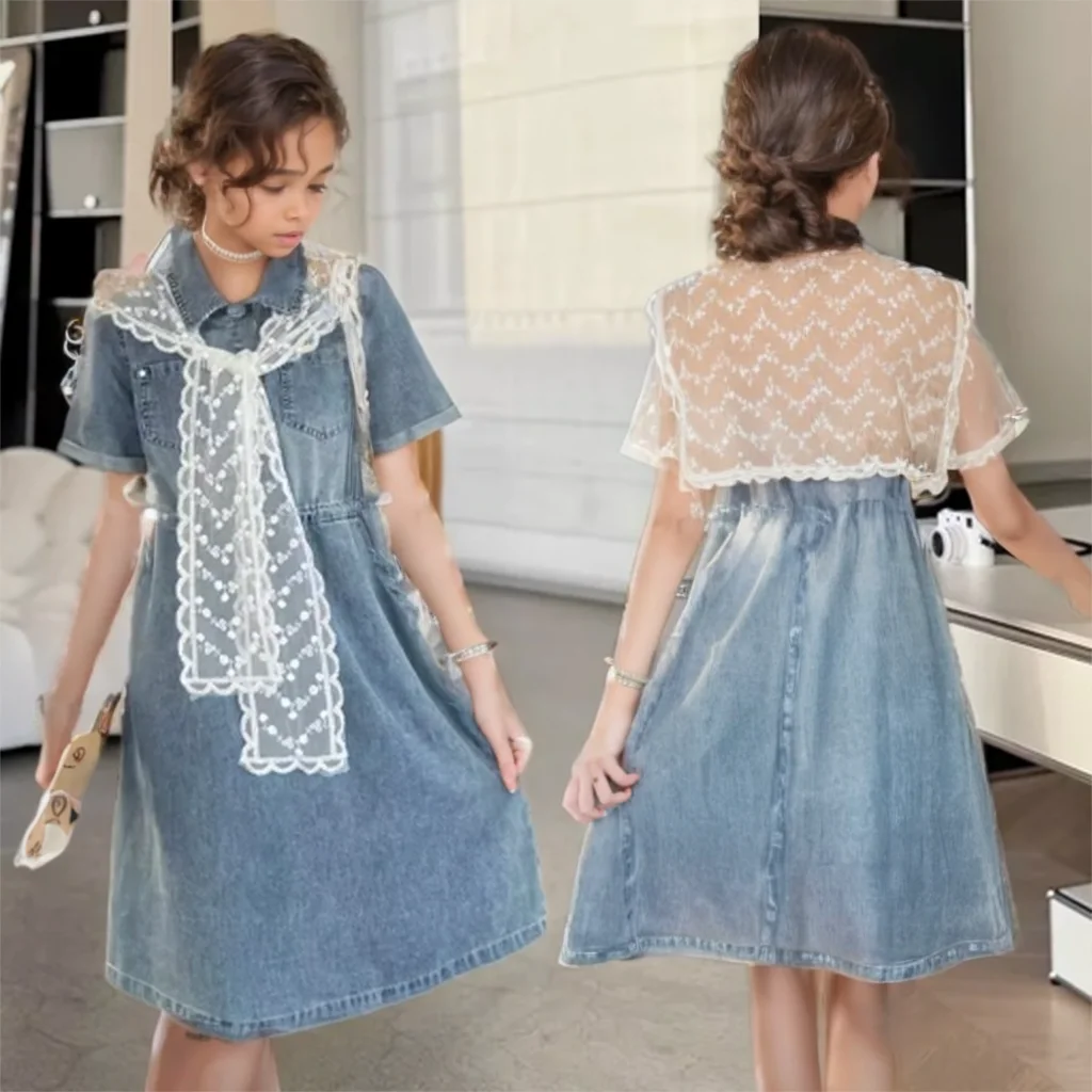 

Kids Child Vintage Blue Turn Down Collar Short Sleeve Denim Dress with Lace Shawl for Girl Summer Street Fashion Dress in Jeans