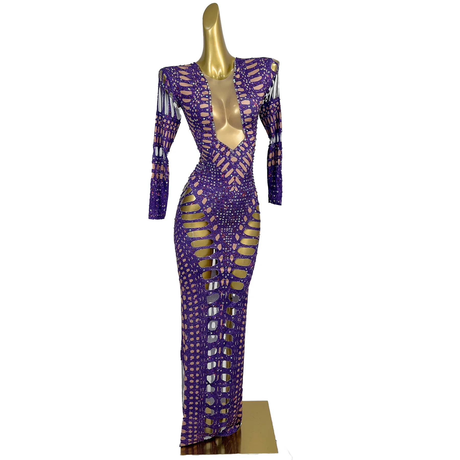 

Zidong Sexy Hollow Out Women Dress Transparent Mesh Splicing High Elasticity Dress Bar Stage Performance Costume Prom Dress