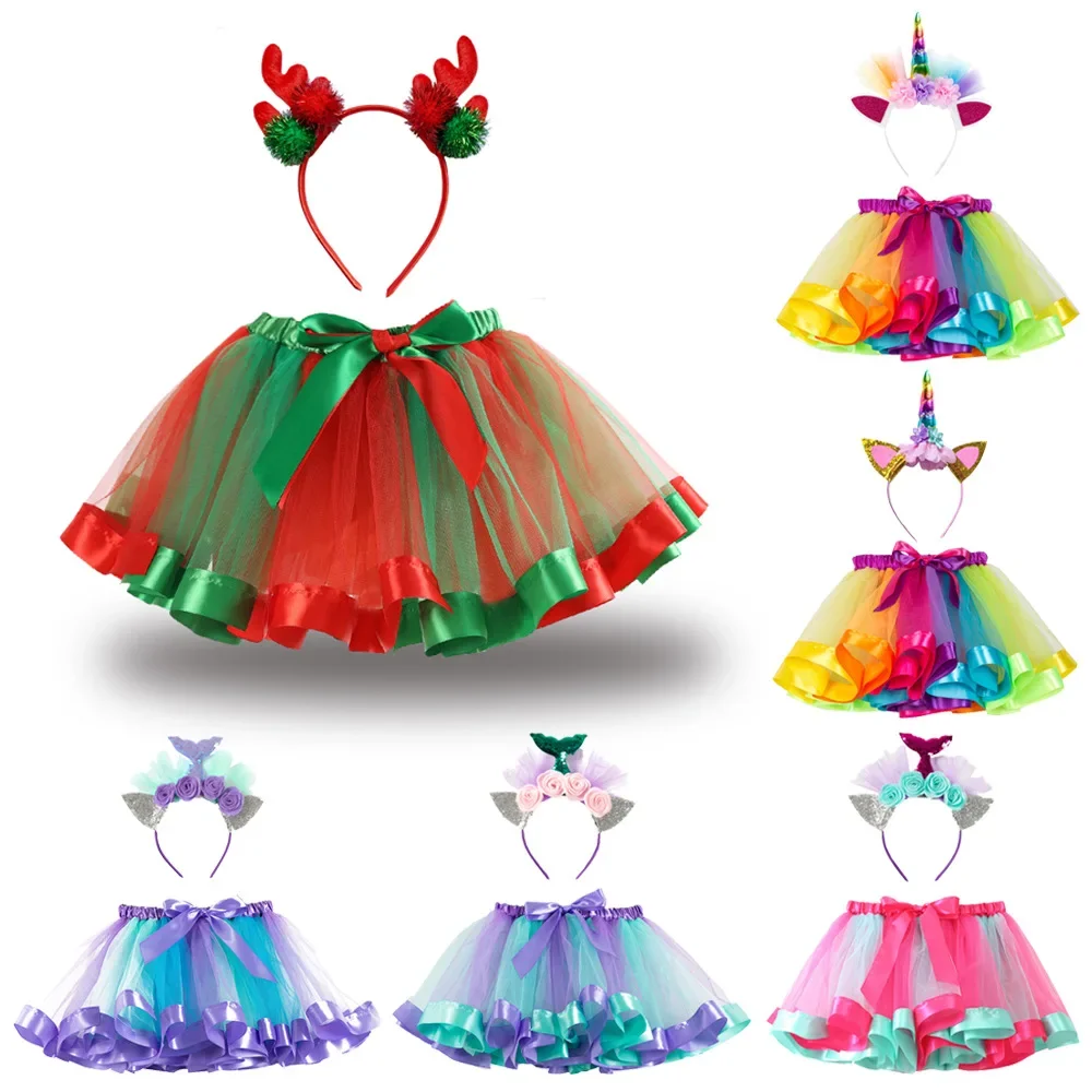 Kids Girl Tutu Skirt Fluffy Birthday Party Ballet Perform Tulle Skirt Christmas Costume with Headband Girls Skirts 2 4 6 8 Years